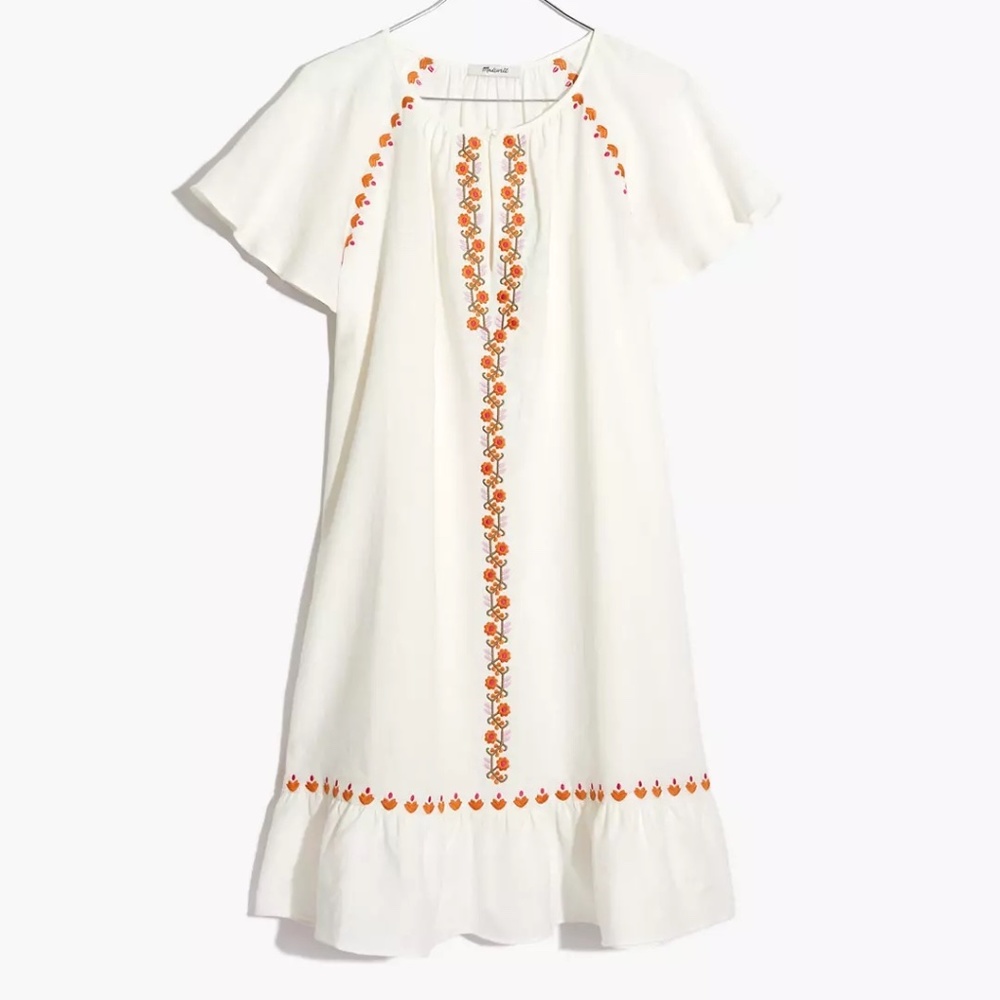 Madewell NWOT Embroidered Linen-Blend Raglan Ruffle Mini Dress